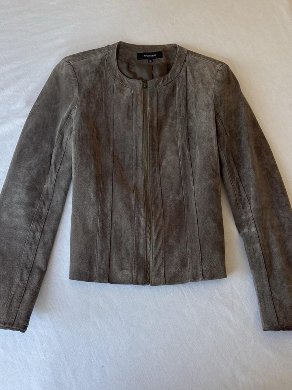 Jones Wear 100% Suede Leather Paneled Zip Jacket Taupe M